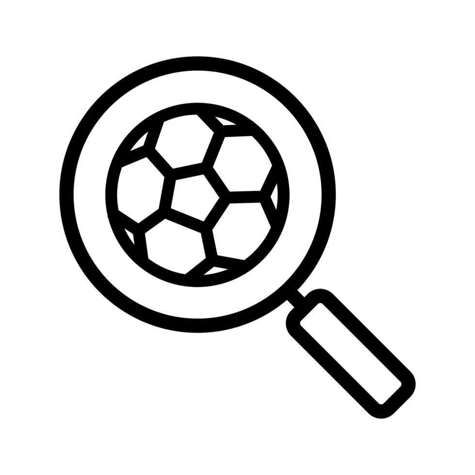 förstoringsglas med fotboll linjär ikon. tjock linje illustration. fotboll spel sök kontur symbol. vektor isolerade konturritning