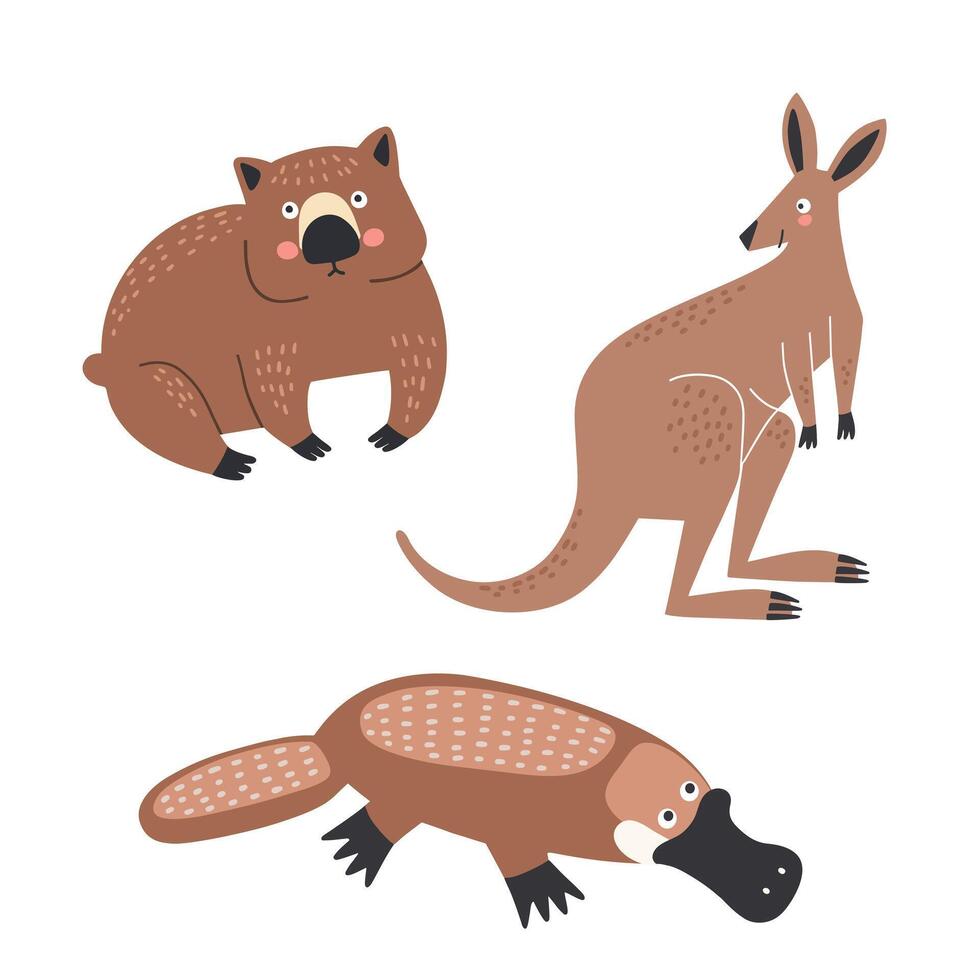 känguru, vombat, näbbdjur djur i tecknad serie stil vektor