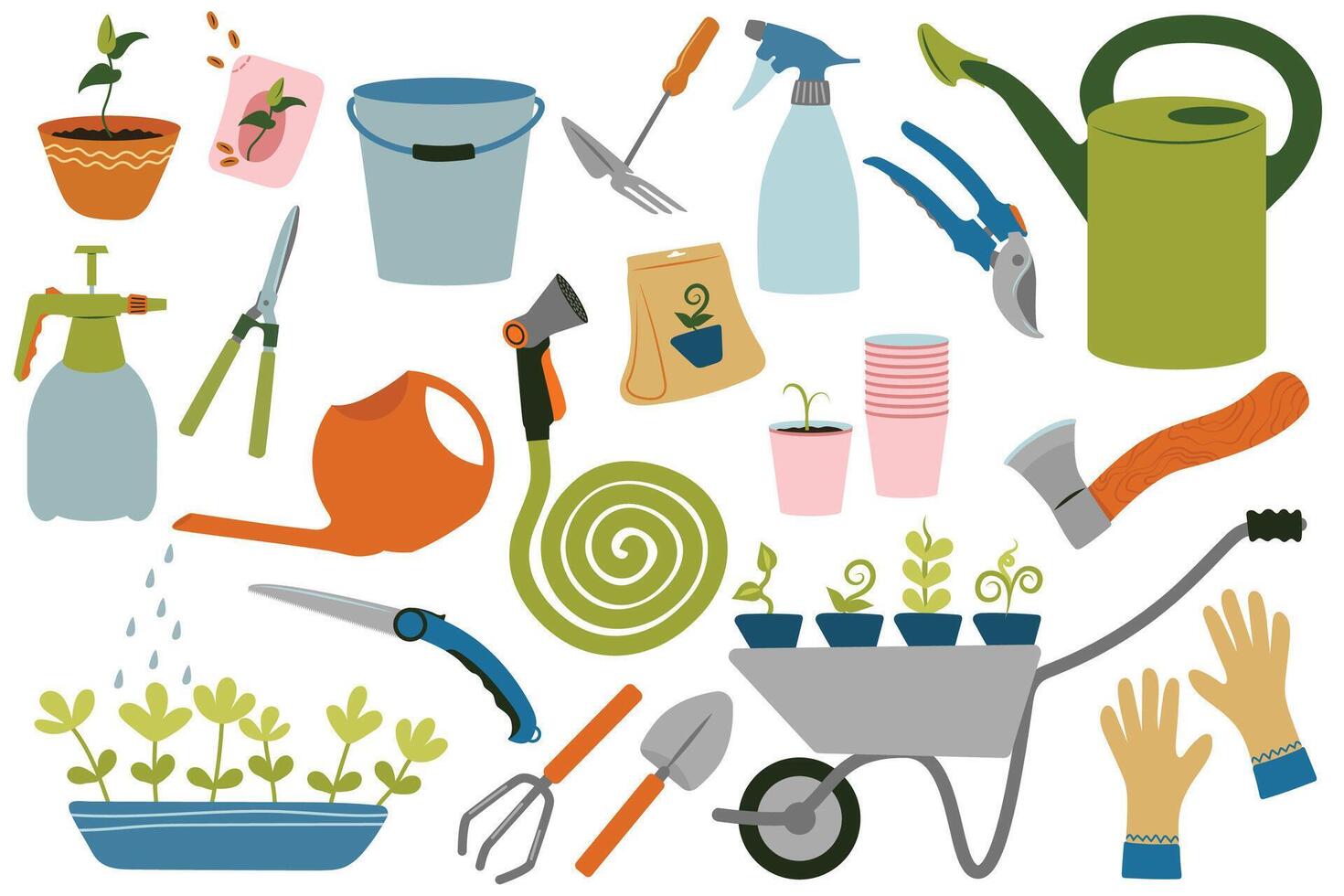 einstellen von Gartenarbeit Artikel im eben Stil. landwirtschaftlich und Garten Werkzeuge zum Frühling arbeiten. vektor