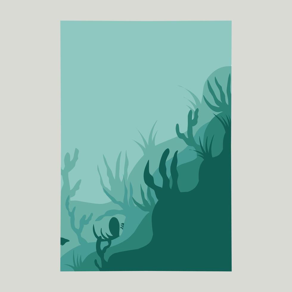 minimalistisch Natur Thema Bücher Startseite Vorlage Sammlung. mit Vektor Illustration von Ozean, klein Insel, Angeln Boote und Wellen auf das Strand