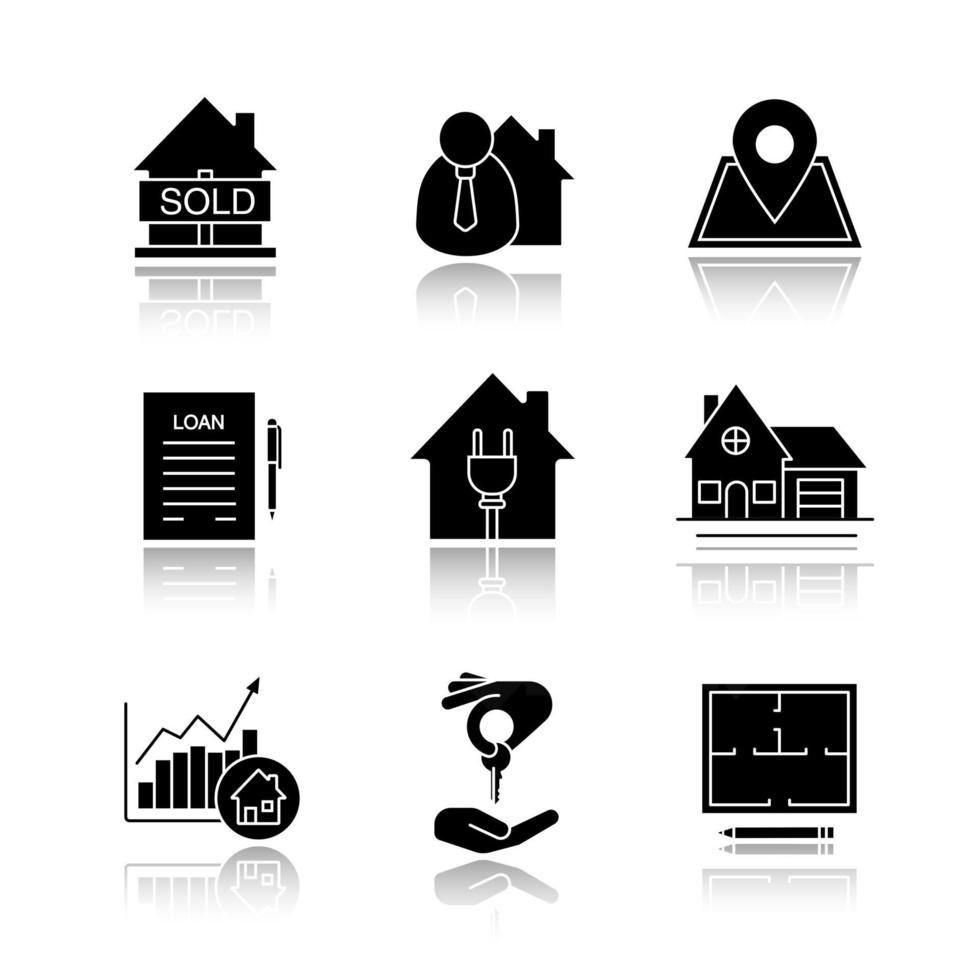 fastighetsmarknaden. skugga svart glyf ikoner set. sålt hus, mäklare, lån, avtal, stuga, planlösning, hus till salu, diagram. isolerade vektorillustrationer vektor