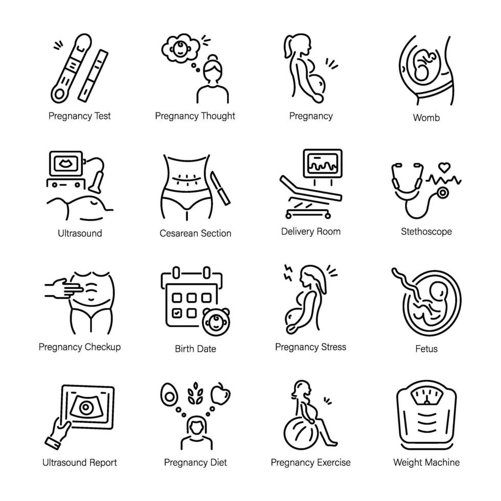 uppsättning av 16 graviditet linje stil ikoner vektor