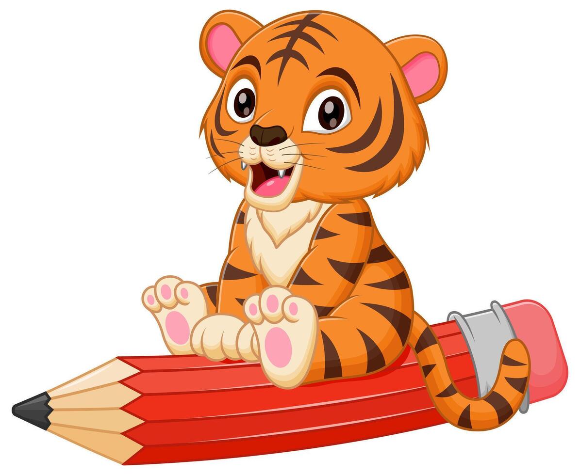 süß Tiger Karikatur Reiten ein fliegend Bleistift Vektor Illustration. Tier Bildung Symbol Konzept