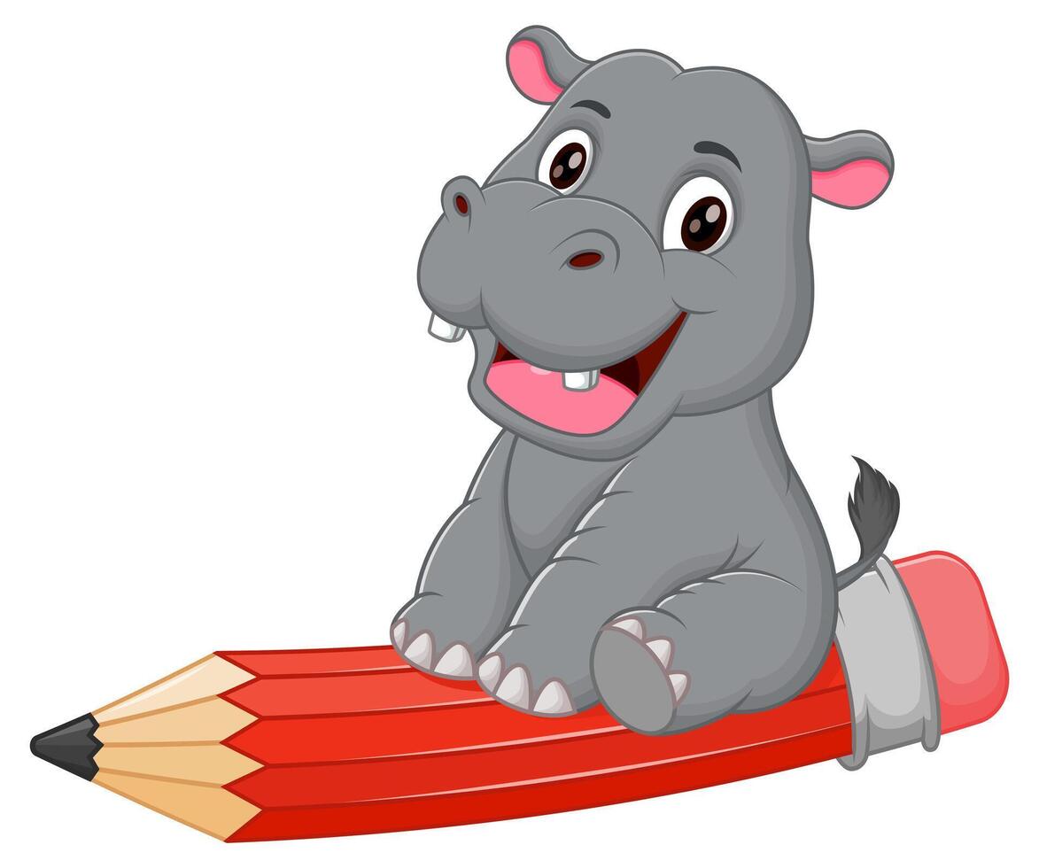 süß Nilpferd Karikatur Reiten ein fliegend Bleistift Vektor Illustration. Tier Bildung Symbol Konzept