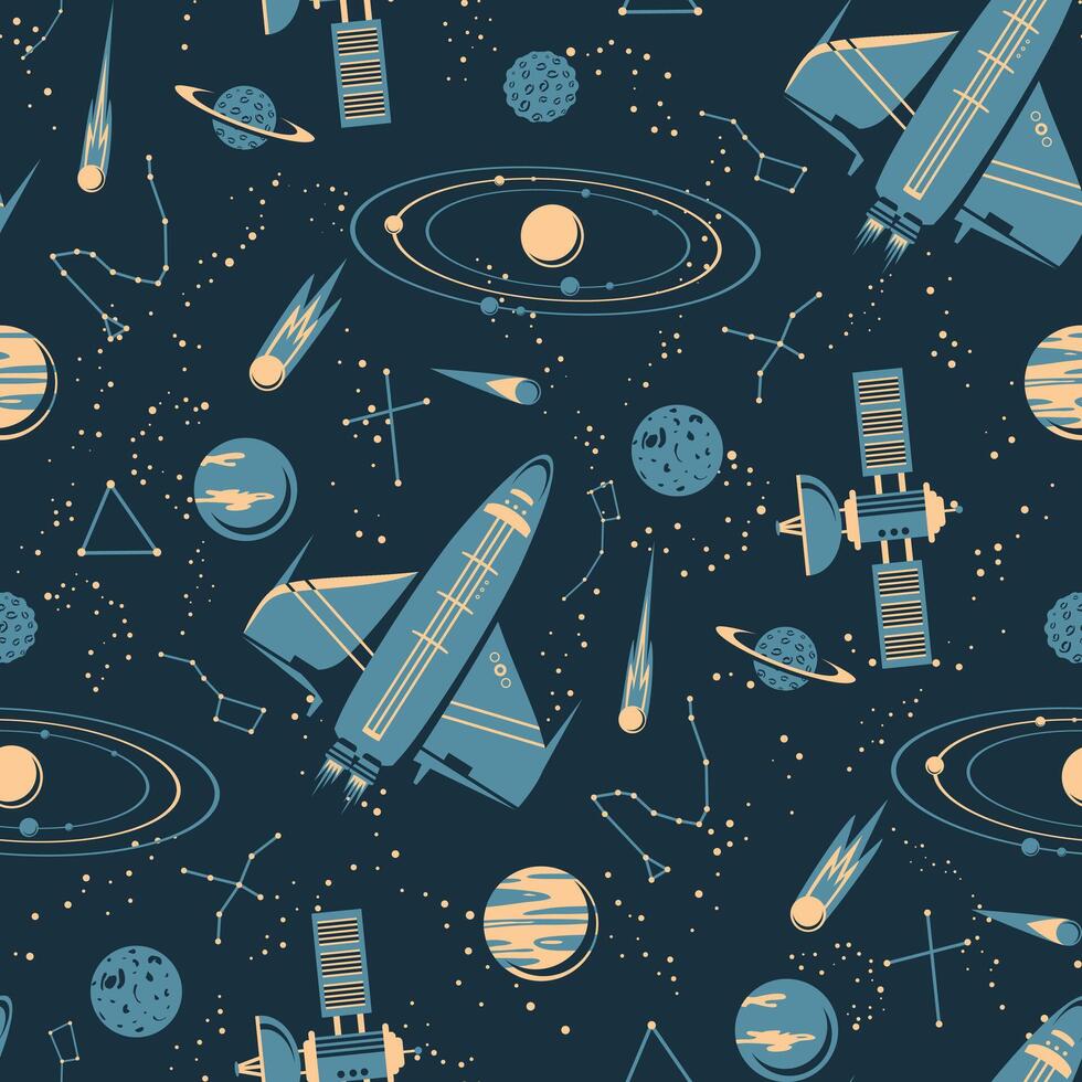 blå kosmisk årgång sömlös retro mönster vektor illustration