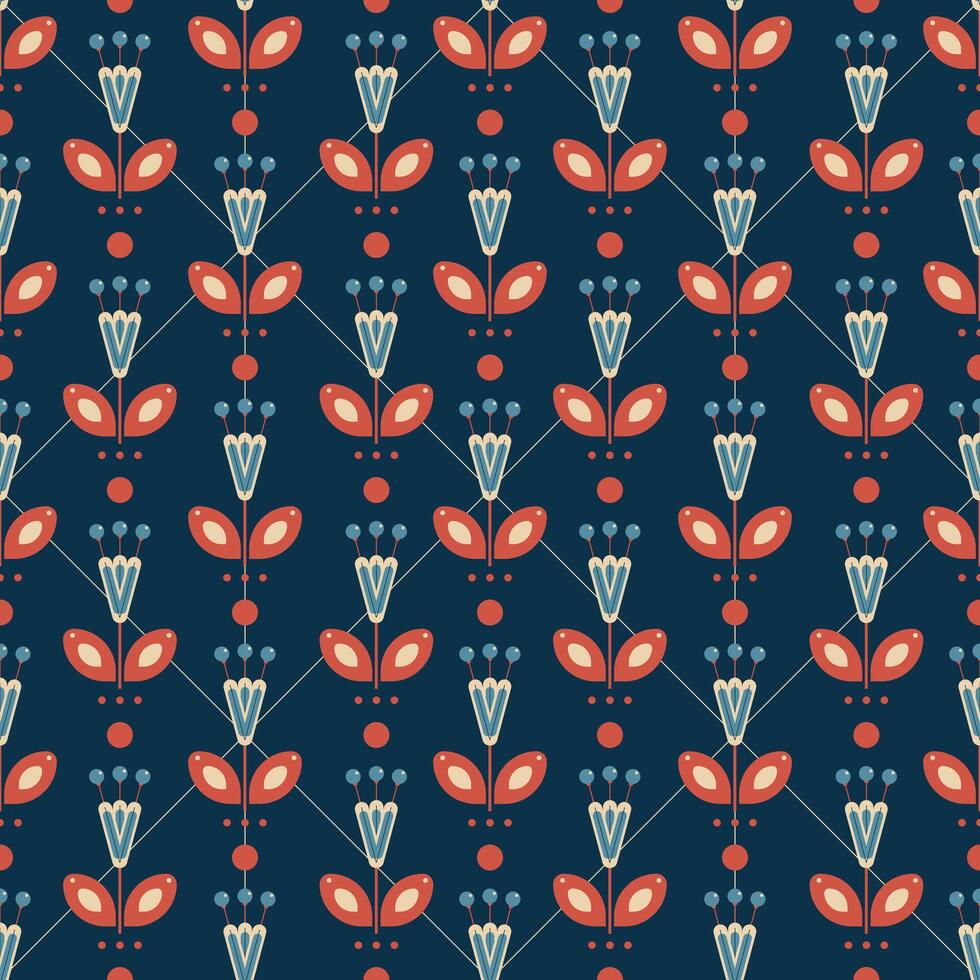 nahtlos Muster mit geometrisch Tulpen auf ein Blau Hintergrund Vektor Illustration