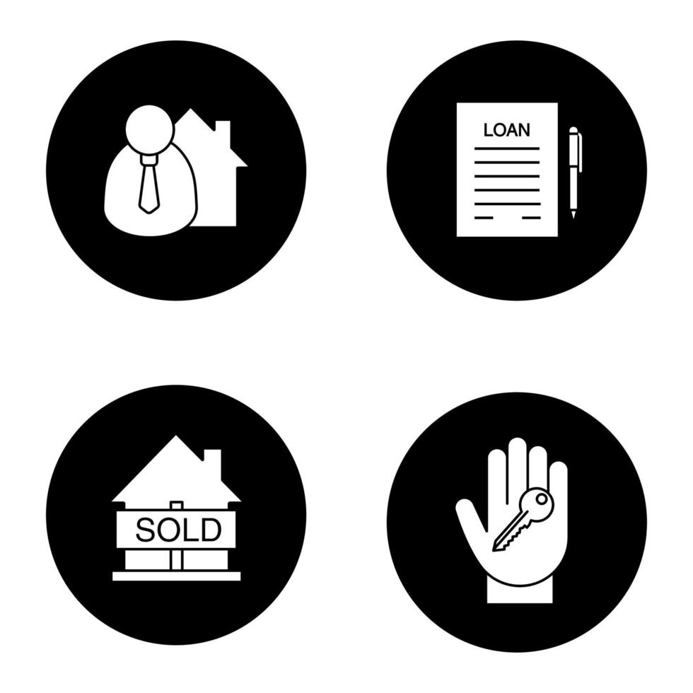 Immobilien-Glyphe-Symbole gesetzt. Makler, Hand mit Schlüssel, Haus verkauft, Darlehen. Vektorgrafiken von weißen Silhouetten in schwarzen Kreisen vektor