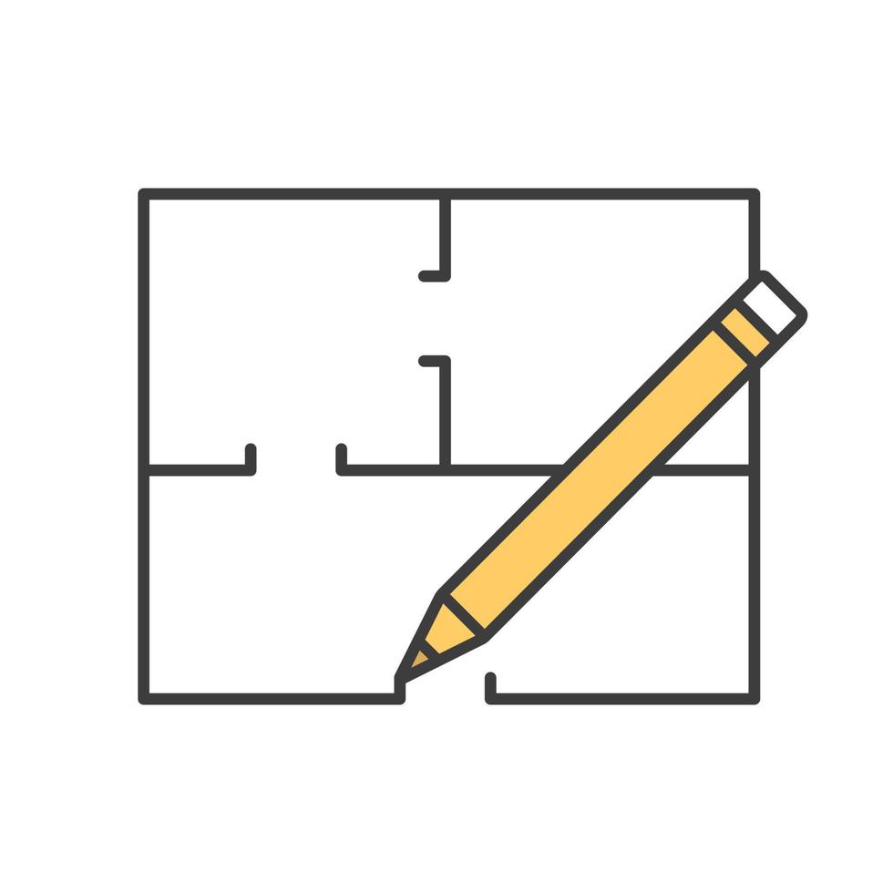 planlösning, platt ritning med penna färgikon. lägenhetslayout. husteknik. bygga företag. fastighetsutveckling. isolerade vektor illustration