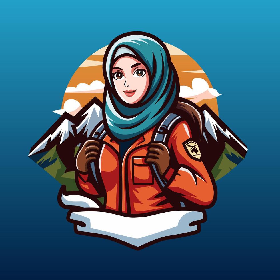 Bergsteiger Hijab Maskottchen Logo mit ein Berg Hintergrund vektor