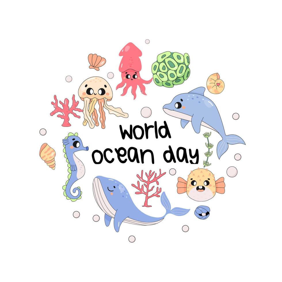 värld hav dag, marin värld, delfin, val, fugu fisk, bläckfisk, sjöhäst. vektor