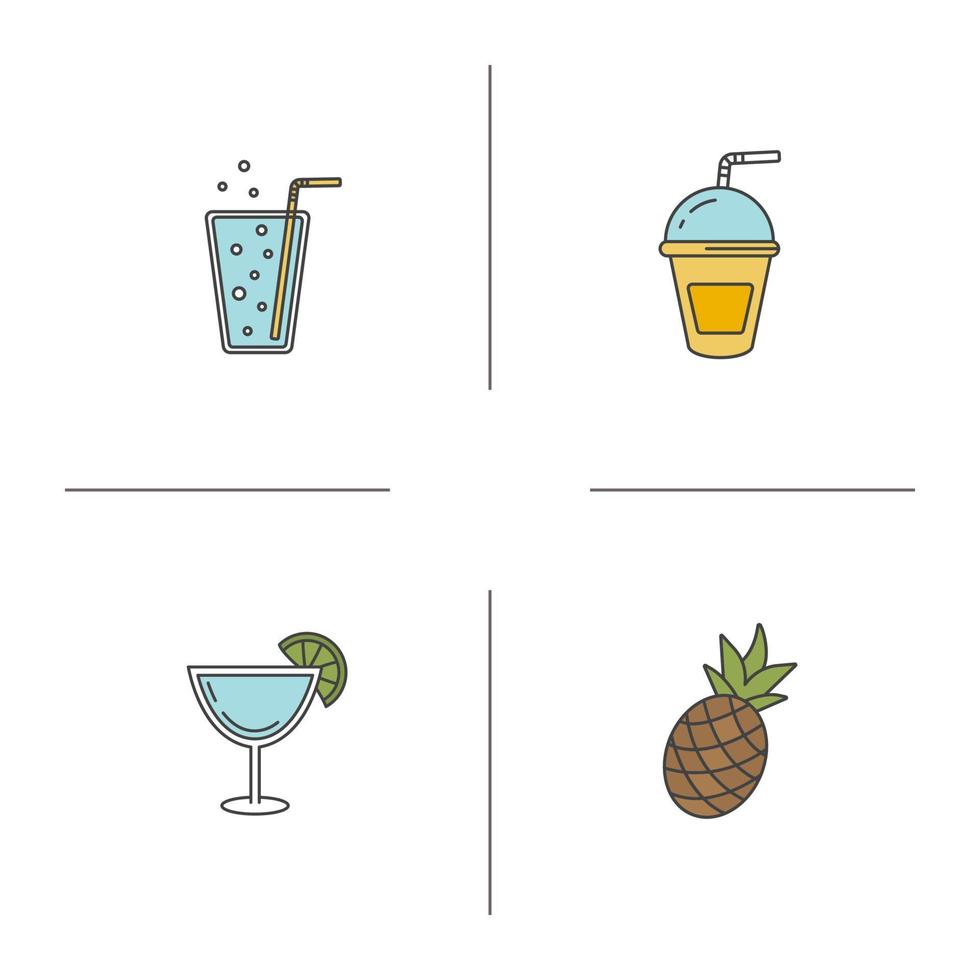 uppfriskande drycker färg ikoner set. lemonad, cocktails, ananas. isolerade vektorillustrationer vektor