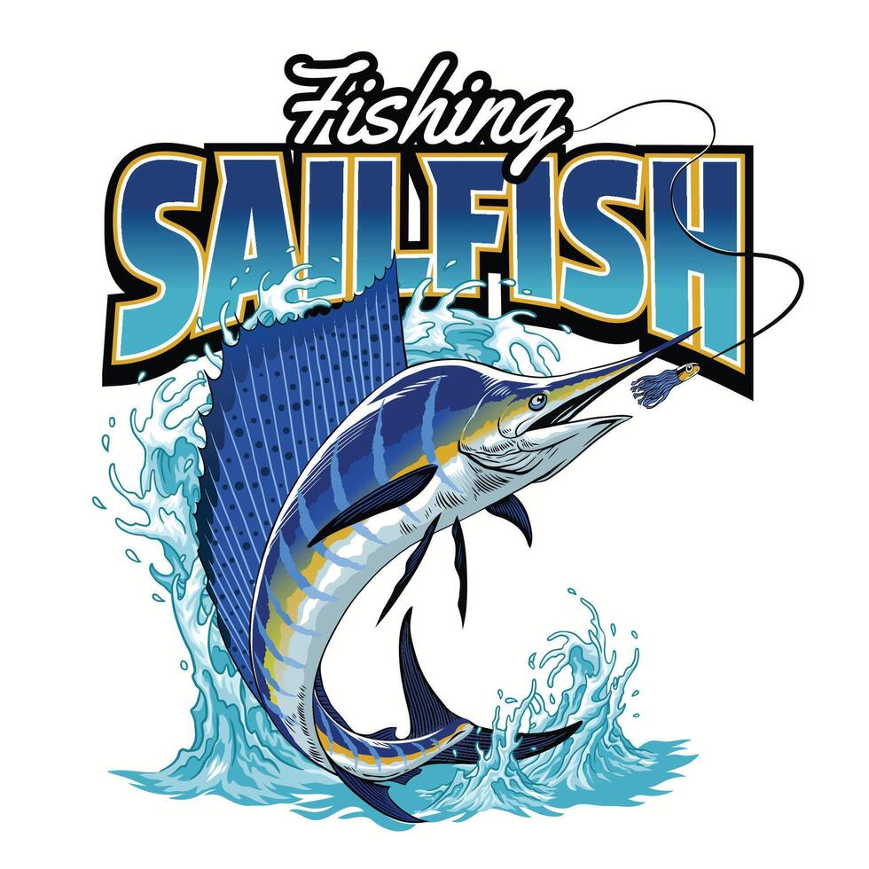 fiske segelfisk t-shirt design årgång färgad vektor