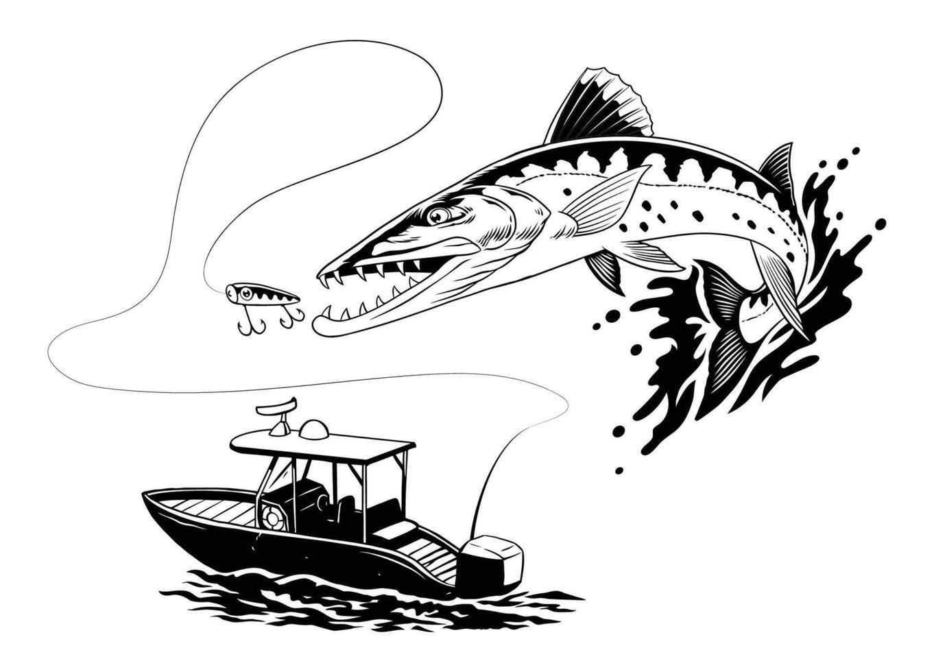 fiske båt fångst Hoppar barracuda fisk i svart och vit vektor
