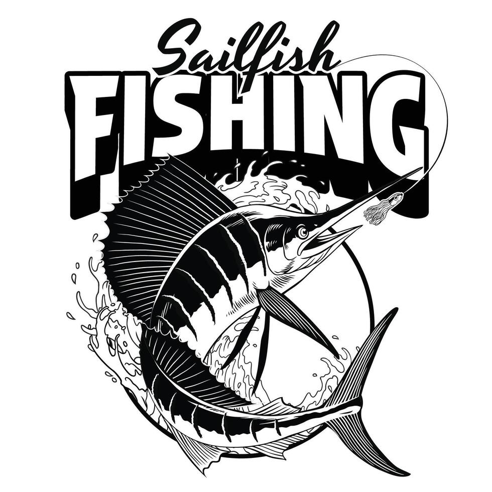 segelfisk fiske t- skjorta i årgång stil svart och vit vektor