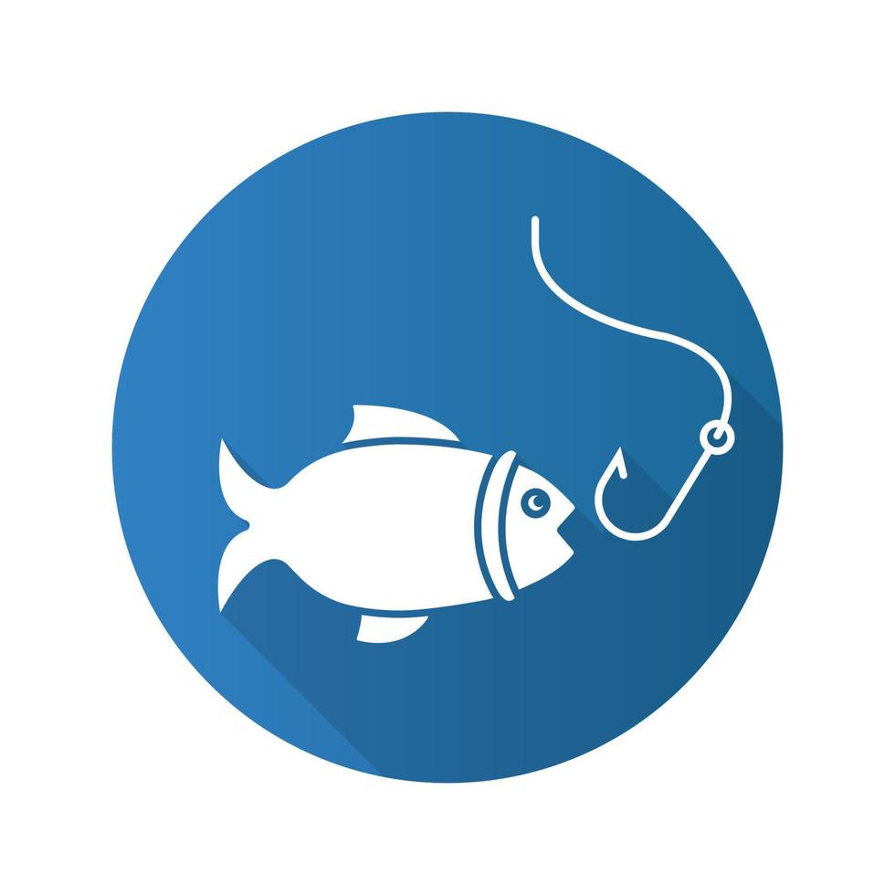 Fischen flaches Design lange Schatten Glyphe Symbol. Fisch mit Haken. Vektor-Silhouette-Abbildung vektor