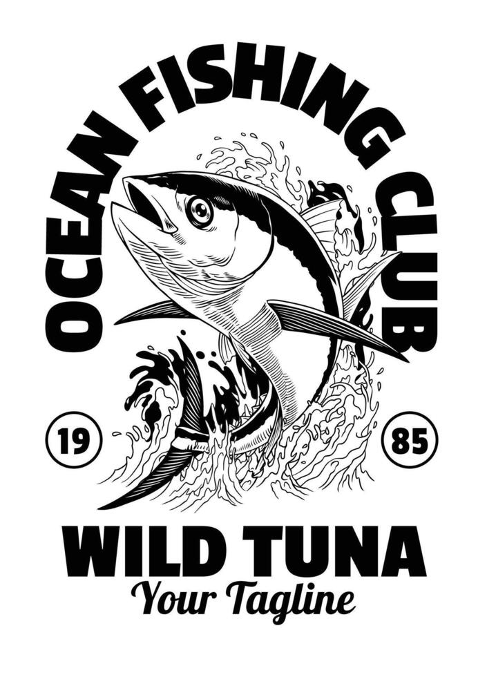 tonfisk fiske skjorta design illustration i årgång retro stil vektor
