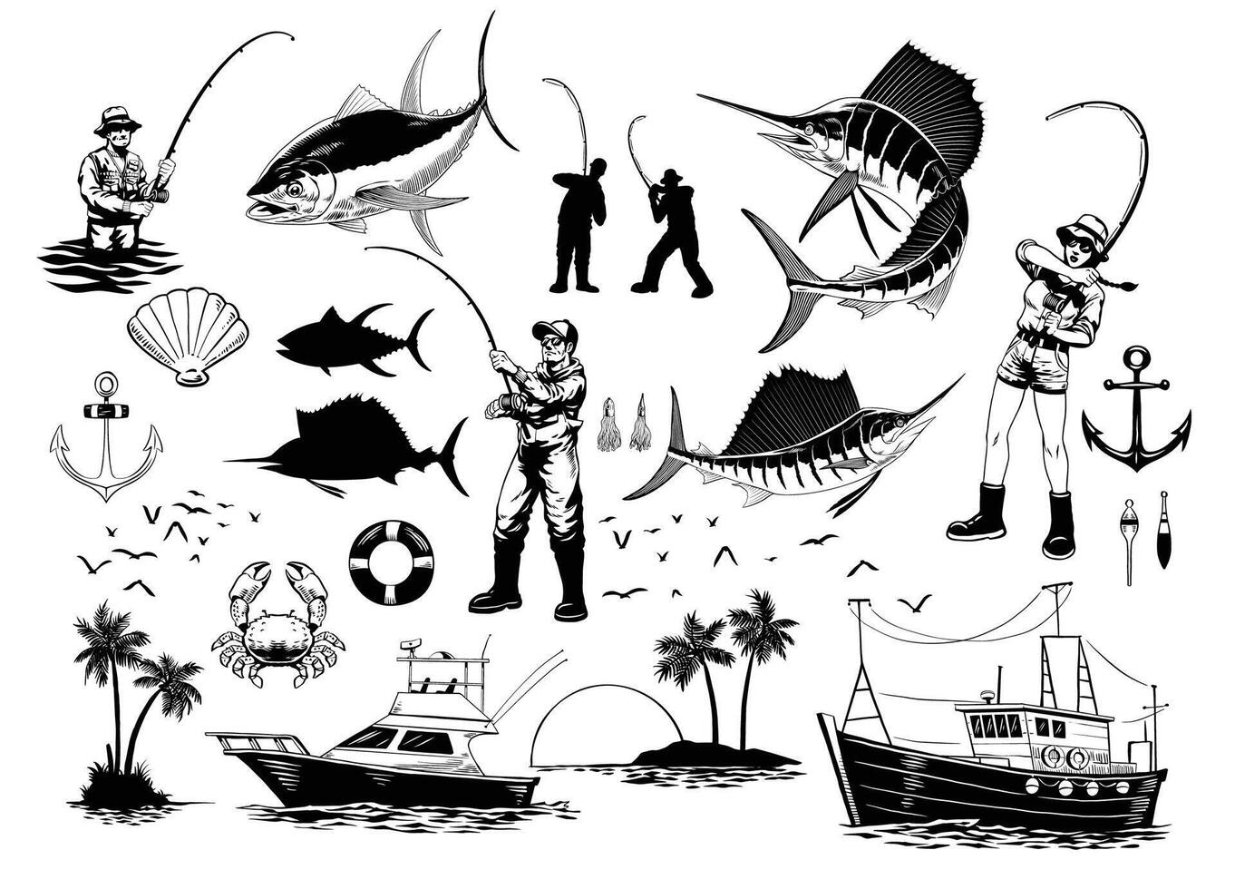 fiske uppsättning illustration hand dragen samling i svart och vit vektor