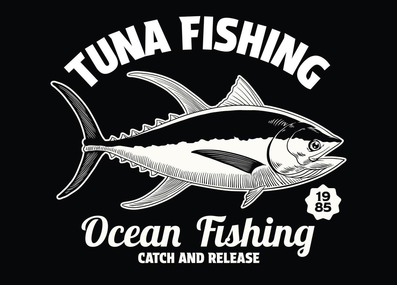 tonfisk fiske årgång t-shirt design illustration på svart bakgrund vektor