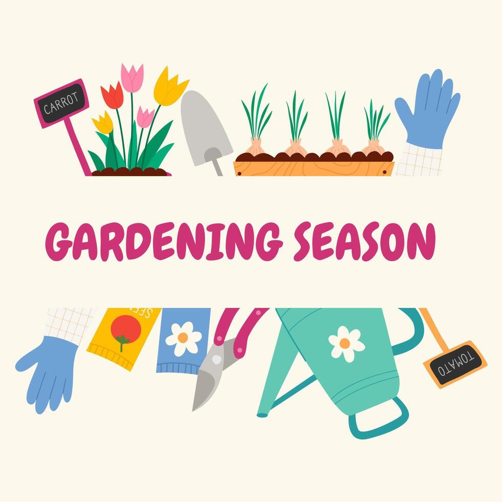 Frühling Gartenarbeit Jahreszeit Poster. Flyer mit Blumen, Gartenarbeit Werkzeuge, Bewässerung dürfen, Gartenarbeit Handschuhe. vektor