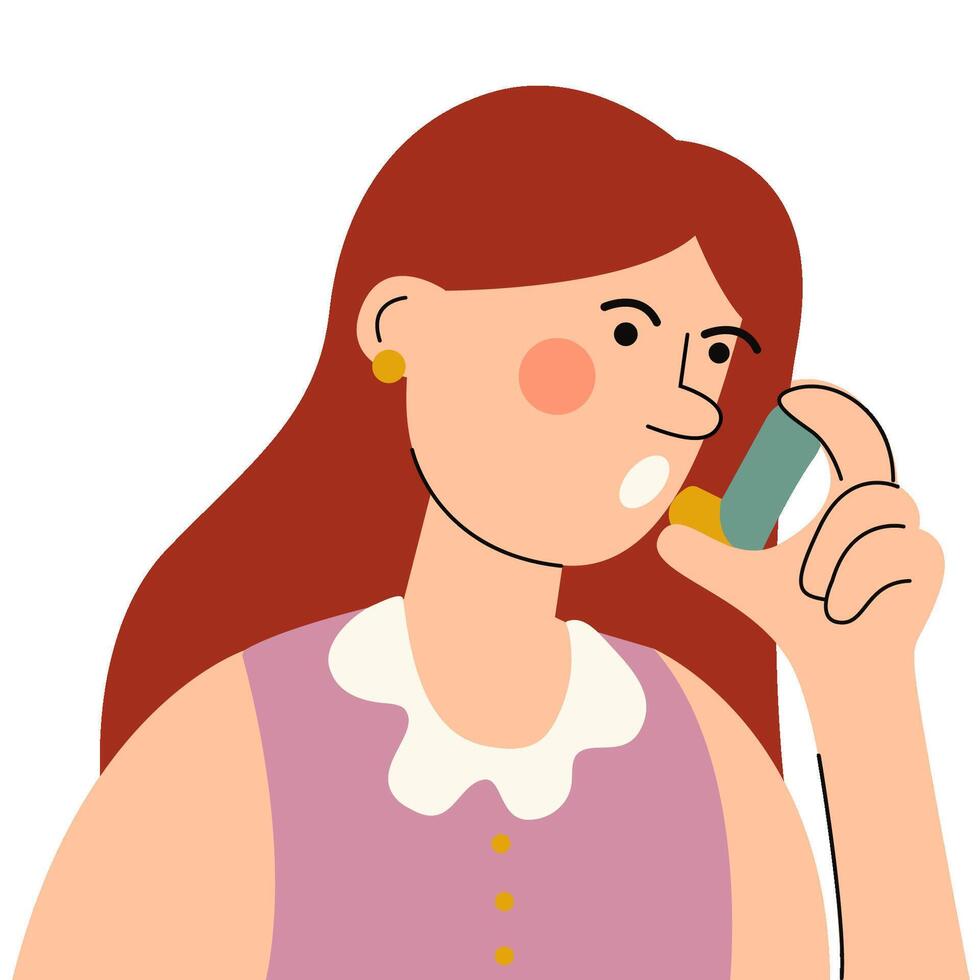 Frau mit Asthma Inhalator. Welt Asthma Tag. Allergie, Asthmatiker. Inhalation Medizin. vektor