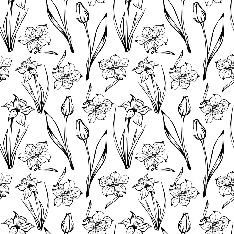nahtlos Muster mit schwarz und Weiß Farben. Sketch-Stil Blumen Muster, handgemalt auf Weiß Hintergrund zum einzigartig Verpackung Designs und Blume Geschäfte im Jahrgang Stil. Färbung Buch vektor