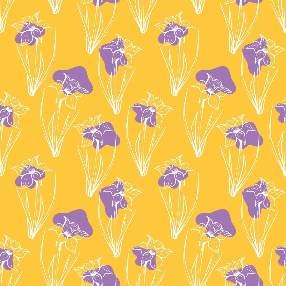 nahtlos Blumen- Muster im Jahrgang Stil. Silhouette von Narzisse Blume auf Gelb Hintergrund zum Verpackung Papier, Hintergrund, Textilien. Frühling und Sommer- Sammlung vektor