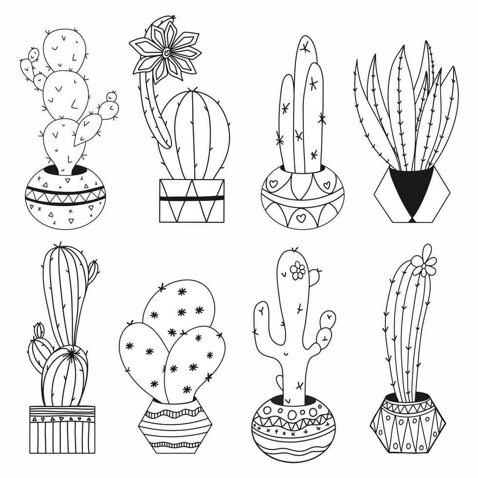 einstellen von Kaktus im Töpfe im das Gekritzel Stil, gemalt durch Hand. das Färbung Buchseite. Gliederung von Kaktus mit Jahrgang Töpfe zum Färbung oder einzigartig Design. schwarz und Weiß. vektor