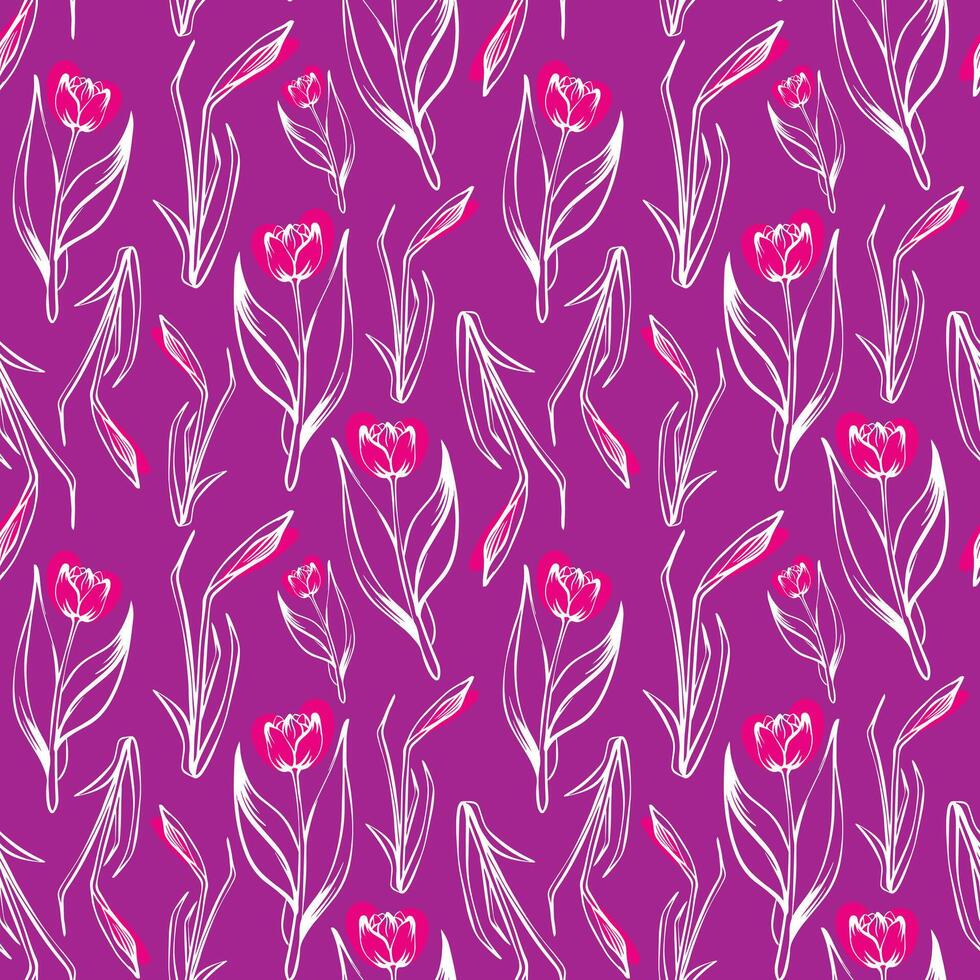 nahtlos Muster mit Frühling Farben. Sketch-Stil Tulpe und Narzisse Muster, handgemalt auf violett Hintergrund zum einzigartig Verpackung Designs und Blume Geschäfte im Jahrgang Stil vektor