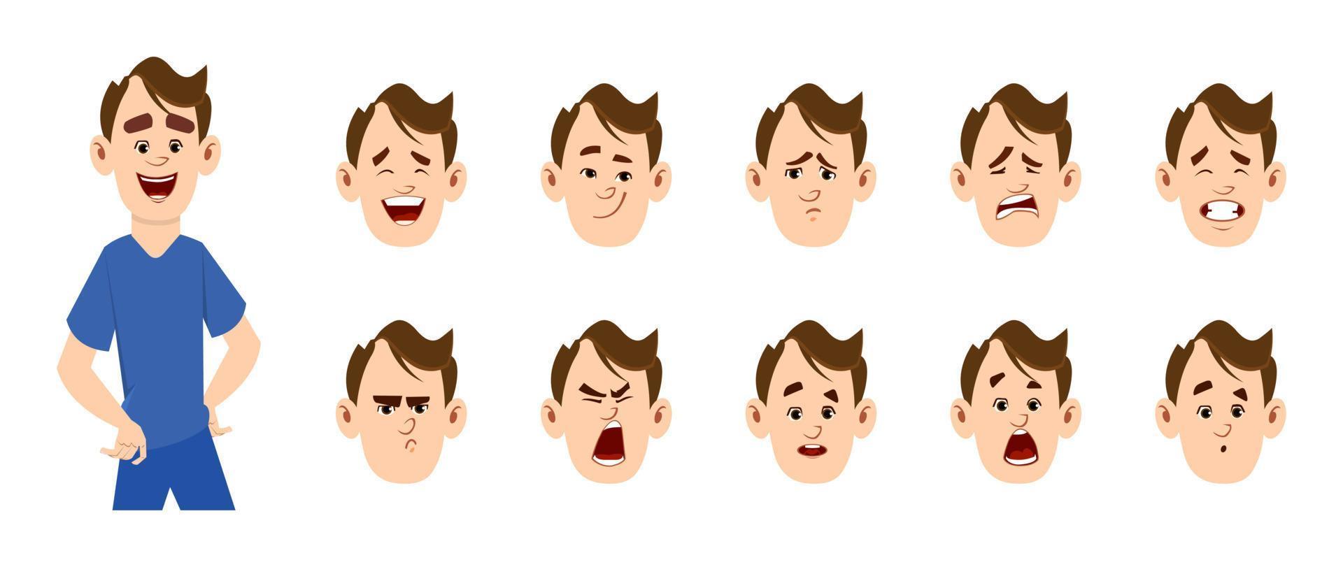 Junge Fußballer-Cartoon-Figur mit unterschiedlichem Gesichtsausdruck. verschiedene Gesichtsgefühle für benutzerdefinierte Animationen vektor