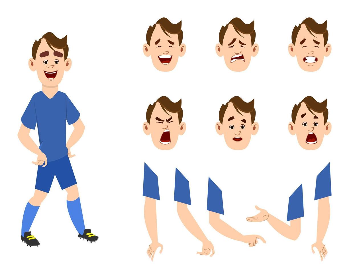Junge Fußballer-Cartoon-Zeichensatz für Ihre Animation, Ihr Design oder Ihre Bewegung mit verschiedenen Gesichtsgefühlen und Händen vektor