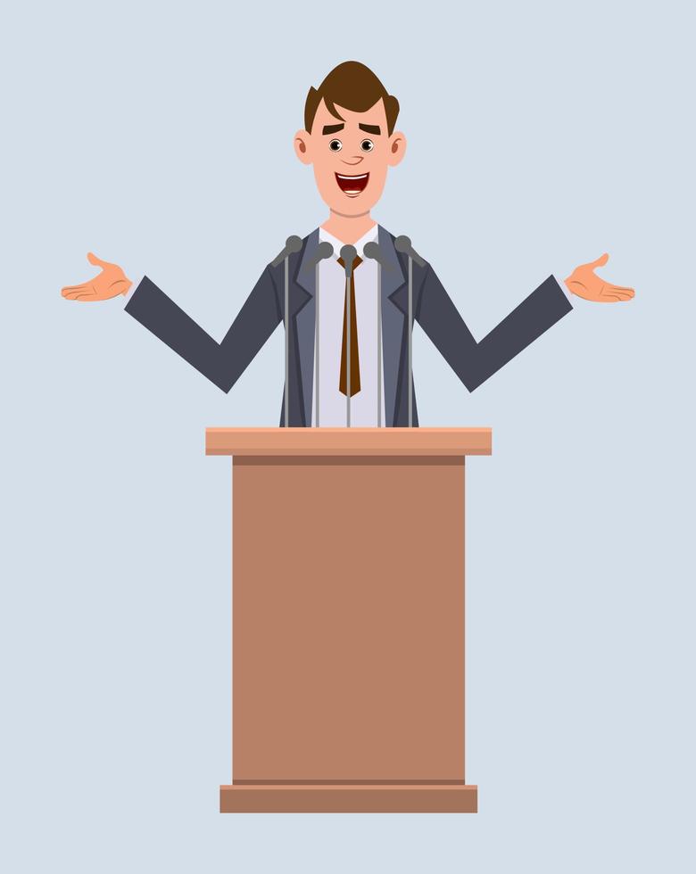 Der nette Geschäftsmannsprecher steht hinter dem Podium und spricht. Cartoon-Figur im flachen Stil für Ihr Design, Ihre Bewegung oder Ihre Animation. vektor