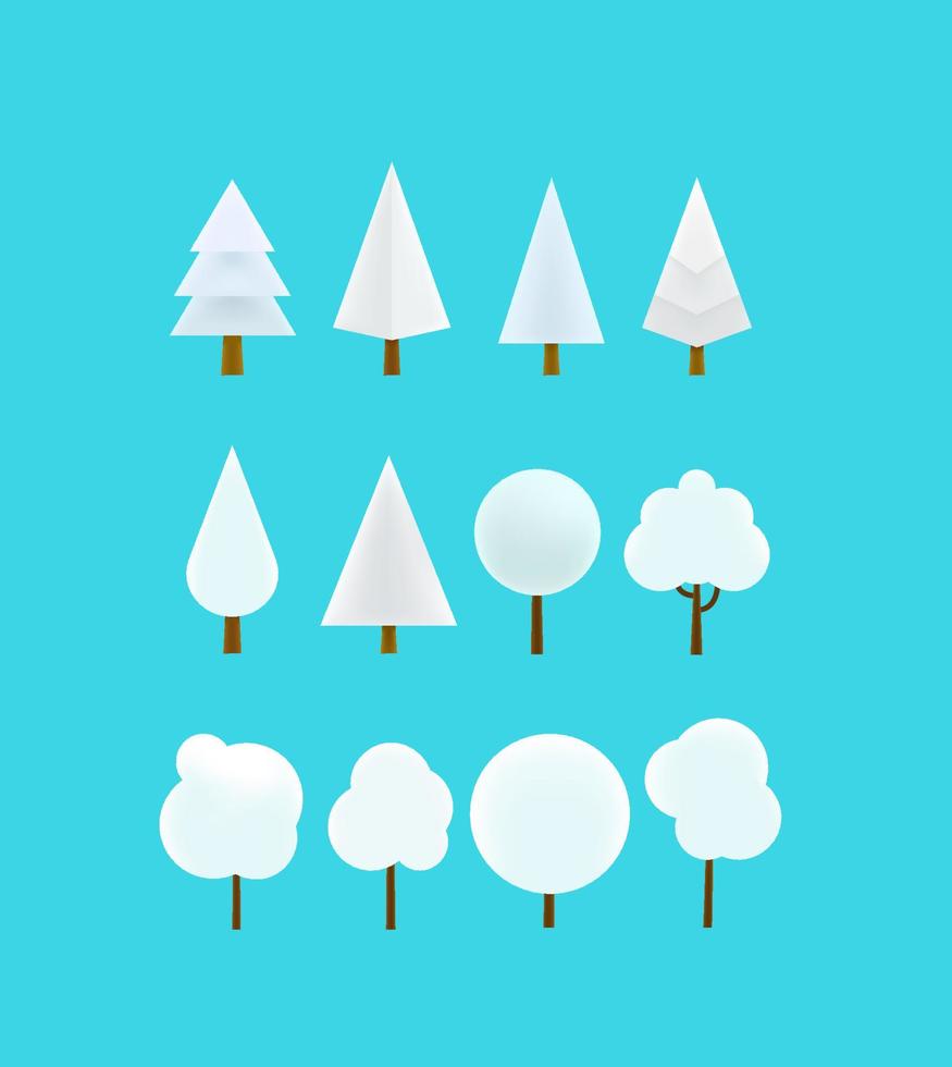 Winter schneebedeckte Bäume Vektor-Clipart. Cartoon-Stil 3D-Darstellung. Plastilin-Effekt vektor