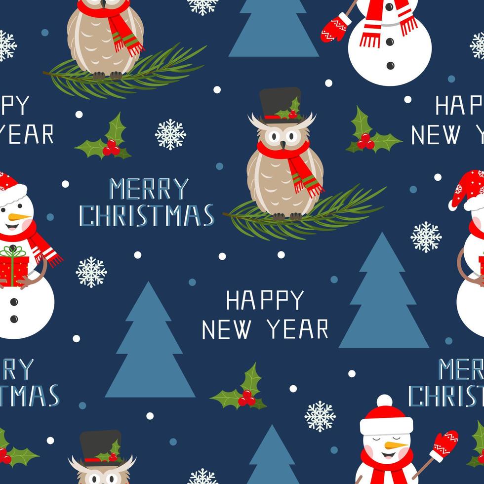 glücklicher Schneemann und nahtloses Muster der Eule mit Baum, Schneeflocke und Text. Symbol der Weihnachtsferien, flache Vektorillustration vektor