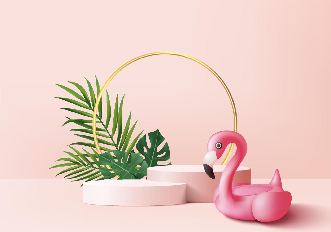 3d rosa Flamingo-Render für den Sommer, Hintergrundprodukt-Display-Podiumsszene mit geometrischer Plattform des grünen Blattes. Hintergrundvektor 3D-Render mit Podium. Stand, um das Ausstellungsstudio für Kosmetikprodukte zu zeigen vektor