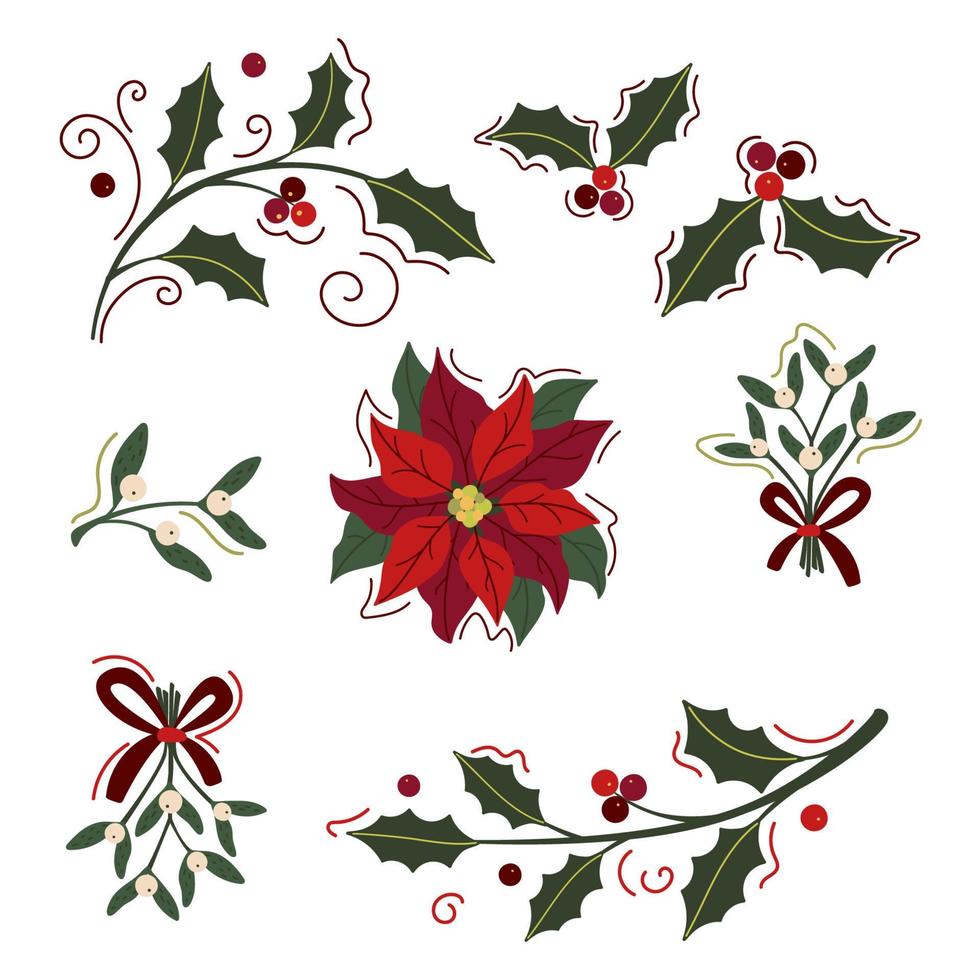 uppsättning av järnek och mistel grenar och julstjärna isolerade på vitt. xmas vektor blommiga element för vinter semester design, vykort, banner, flyer, advent, inbjudan