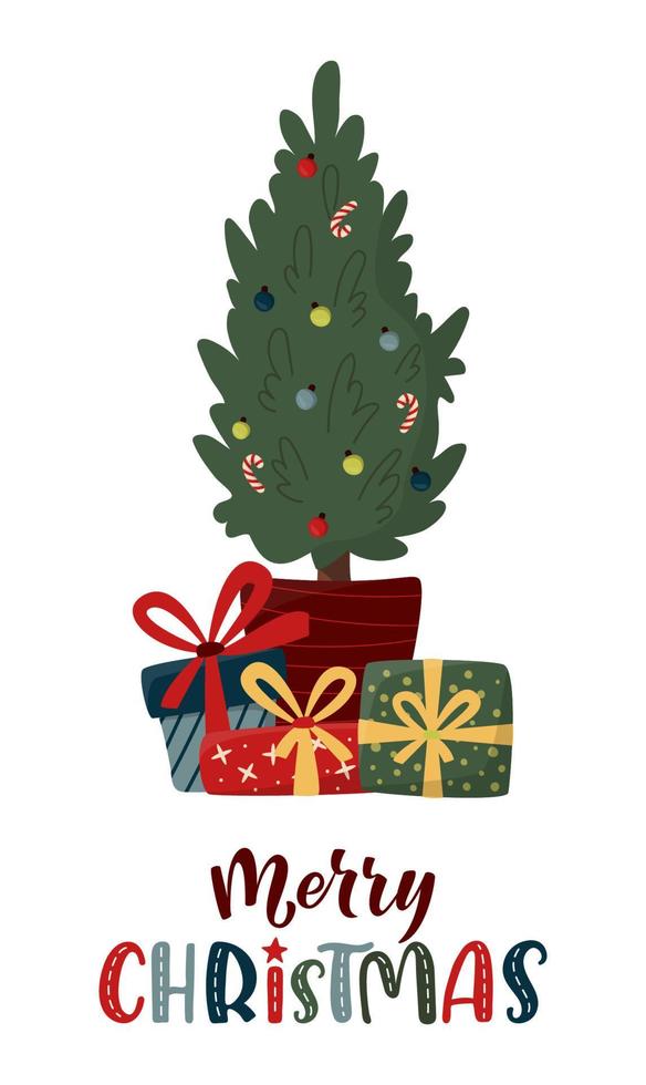 verzierter Tannenbaum mit Geschenkboxen, Dekorationskugeln und Handlettering-Schild. Frohe Weihnachten und ein glückliches neues Jahr-Konzept. Vektorgrafik im trendigen flachen Stil für Grußkarten, Banner, Poster vektor
