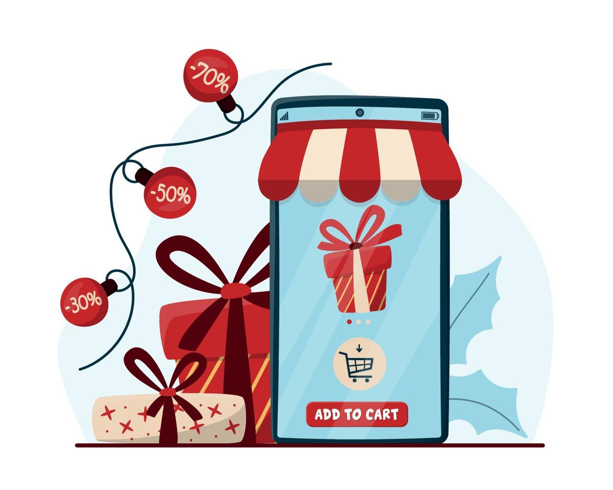 Online-Shopping-Konzept mit Handy und Geschenkboxen. E-Commerce-Online-Shop, digitales Marketingkonzept. Weihnachts- und Winterschlussverkauf. Weihnachtseinkäufe per Telefon-Apps vektor