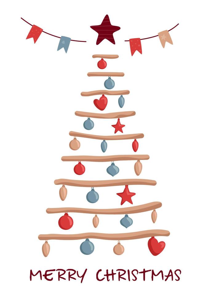minimalistiskt dekorerad julgran med stjärna, dekorationskulor och krans. god jul koncept. skandinavisk stil. vektor illustration i trendig platt stil för gratulationskort, banner, affisch