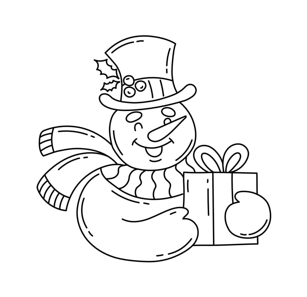 Schneemann mit einem Geschenk in den Händen. das Thema des neuen Jahres. Doodle-Stil. lineare Vektorgrafik vektor