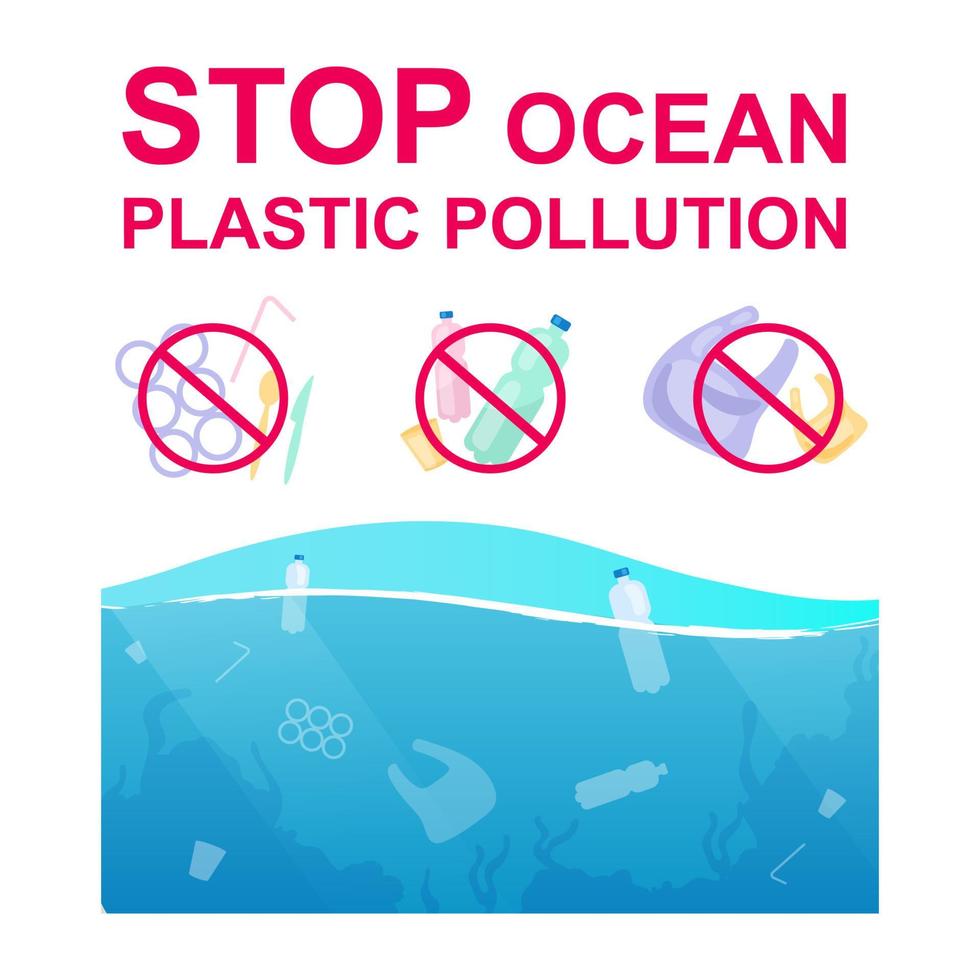 Stoppen Sie die Plastikverschmutzung in den flachen Konzeptikonen des Ozeans. Naturschutz. Abfall reduzieren und verweigern. keine Plastikaufkleber, Cliparts-Pack. isolierte Cartoon-Illustrationen auf weißem Hintergrund vektor