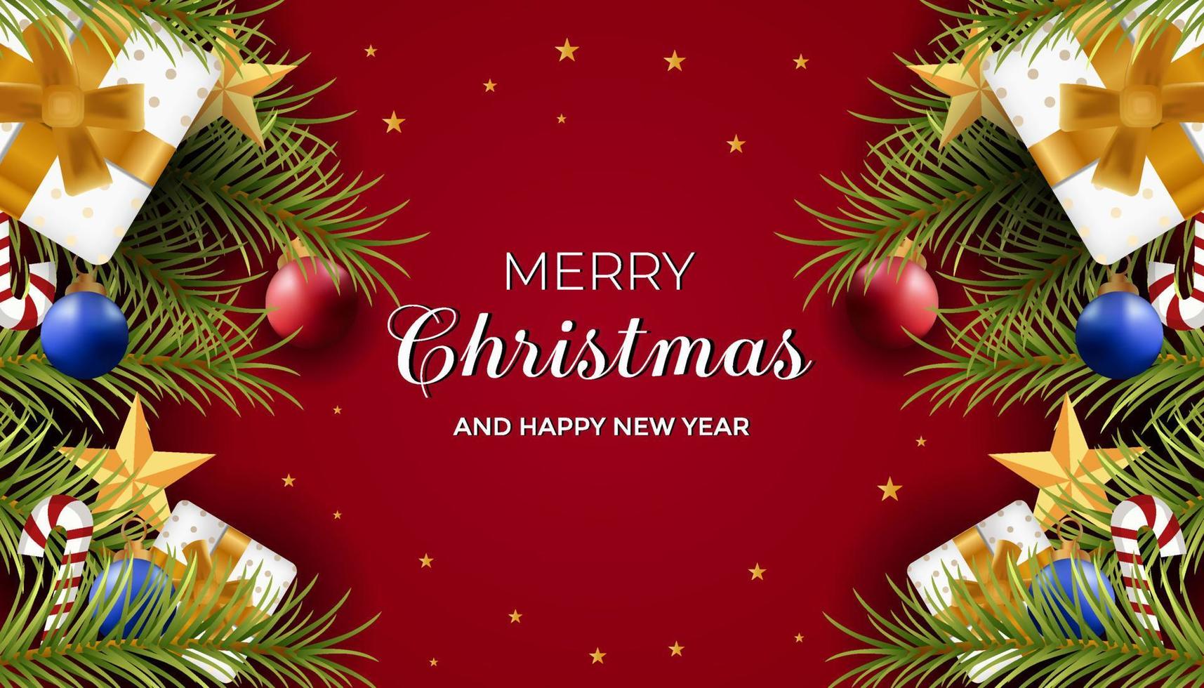realistischer Hintergrund für Weihnachten und guten Rutsch ins Neue Jahr mit Ornament-Geschenkbox, Sternen, Süßigkeiten, Kiefernblatt und Lampe vektor