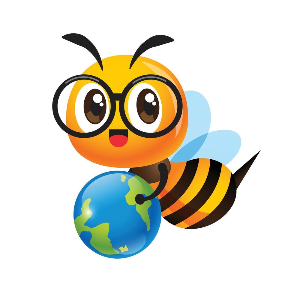 utbildning bi. tecknad söta bi som bär glasögon som håller liten jordklot. vektor karaktär