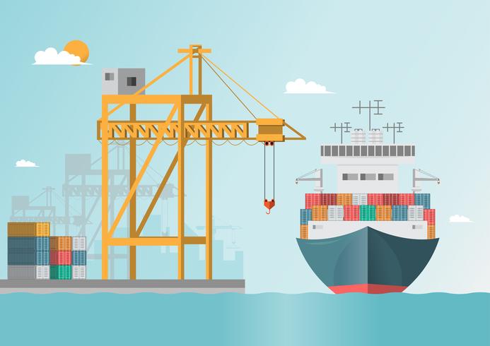Logistik för sjötransporter. Sjöfrakt. Lastfartyg, container frakt på platt stil vektor