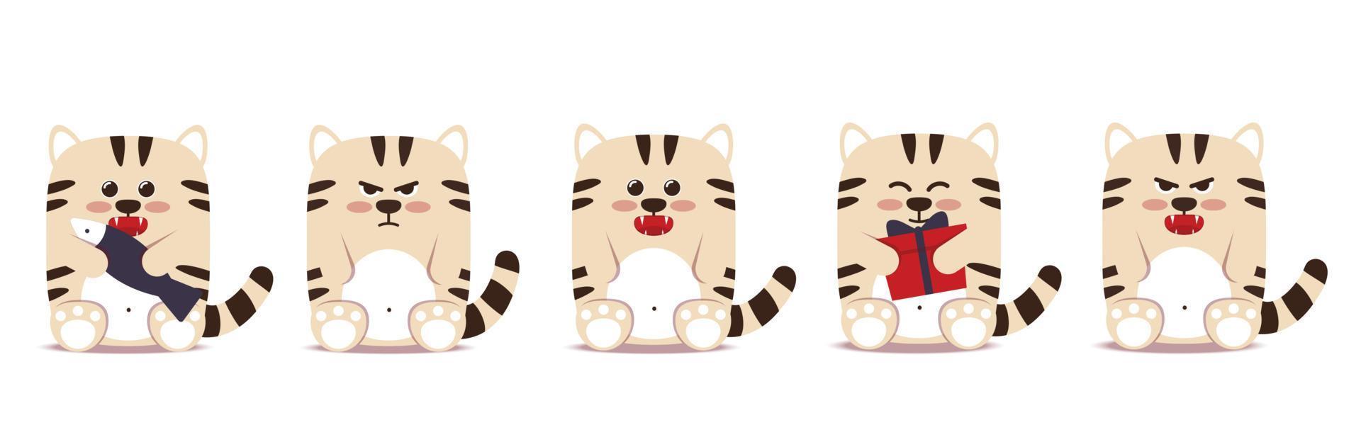 Set süßer kleiner Tigerkatzen im flachen Stil. Tiersymbol für chinesisches neues Jahr 2022. wütender mürrischer weißer Tiger sitzt mit einem Geschenkkastenfisch. für Banner, Kinderzimmerdekoration. Vektor-Illustration. vektor