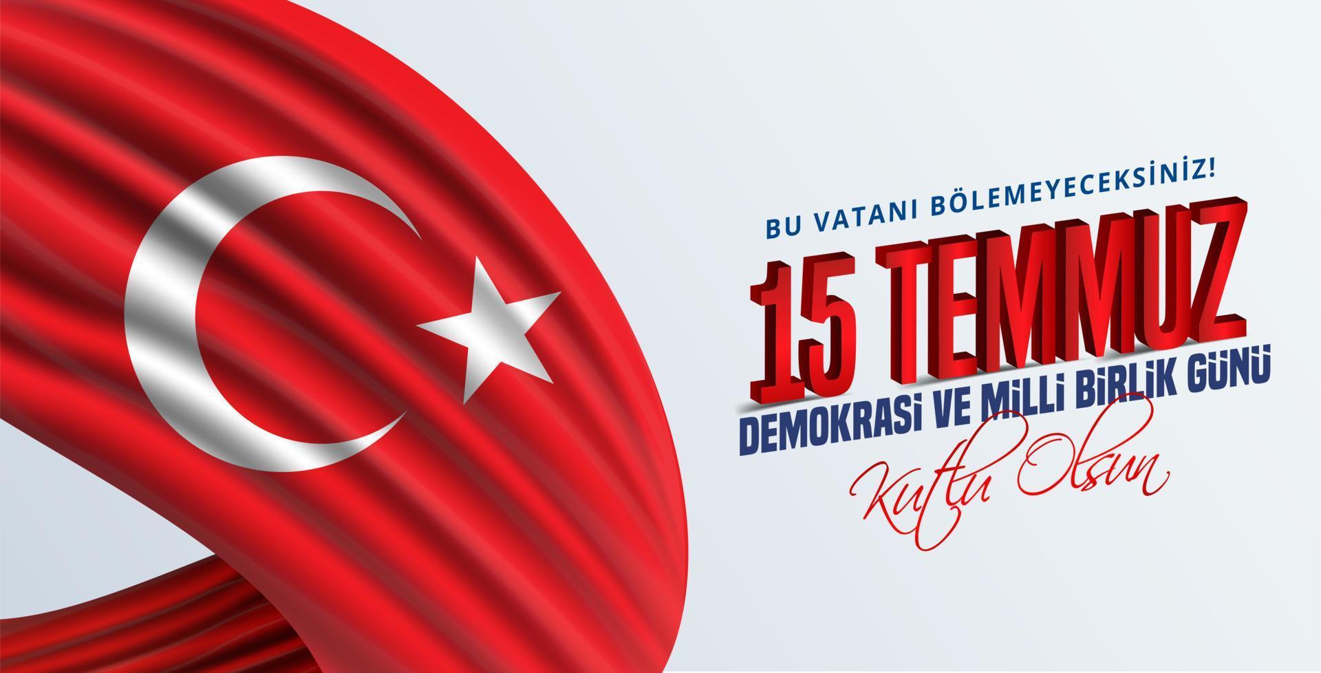 vektor illustration. turkisk semester. översättning från turkiska, demokrati- och nationell enhetsdag för Turkiet, veteraner och martyrer den 15 juli. med semester