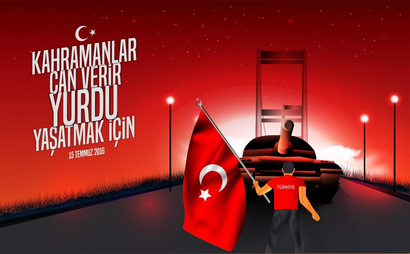 Vektor-Illustration. türkischer Feiertag. Übersetzung aus dem Türkischen, der Tag der Demokratie und der nationalen Einheit der Türkei, Veteranen und Märtyrer vom 15. Juli. mit urlaub vektor