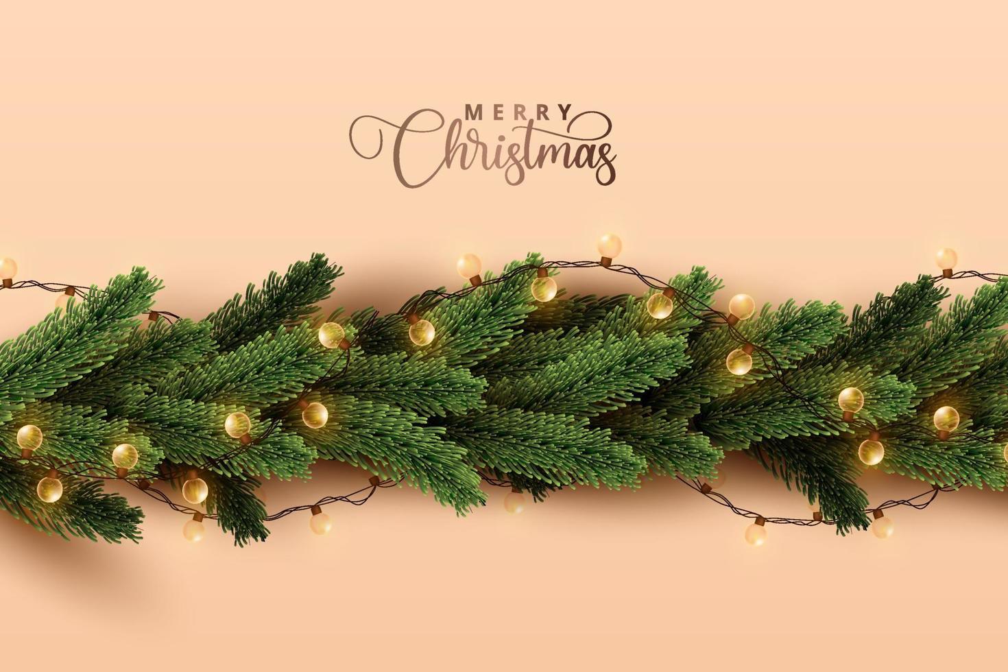glänsande julbelysning insvept i realistiska tallträd på mjuk orange bakgrund. god jul konceptdesign. vektor