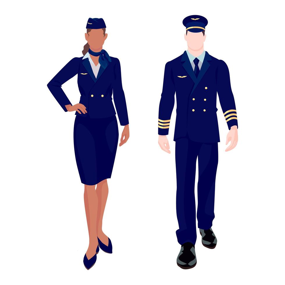 Pilot und Stewardess in Uniform auf weißem Hintergrund - Vektor