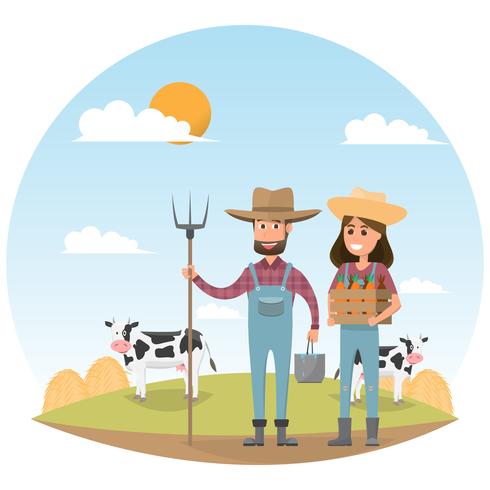 bonde tecknade karaktär med mjölkko i ekologisk lantgård vektor