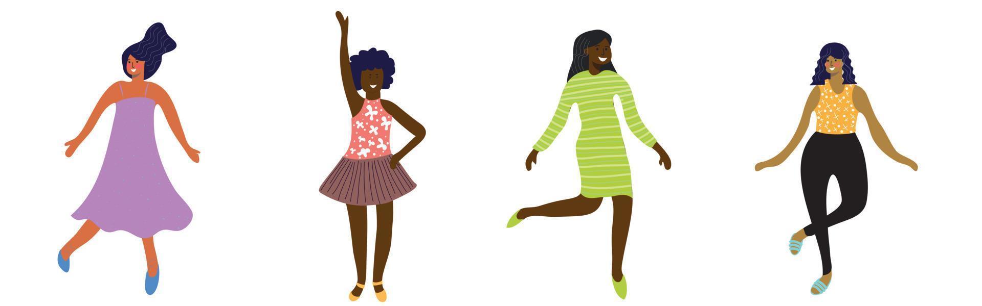 glada kvinnor av olika etnicitet dansar och hoppar av glädje. begreppet fred, kärlek och lycka för att vara kvinna. vektor illustration på vit bakgrund